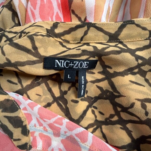 Nic+Zoe Womens Sheer Button-Front Tunic Top Large Abstract Print 3/4 Sleeve Red - Picture 3 of 7